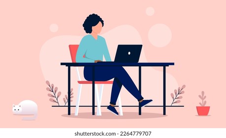 Mujer trabajando en un ordenador portátil sentada solo en el escritorio. Ilustración vectorial de diseño plano