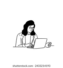 Woman working on laptop computer Office People casual lifestyle Hand drawn line art Illustration