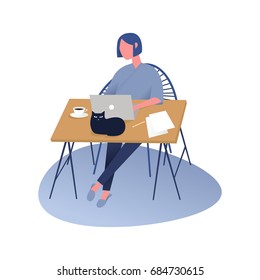 Woman working on a laptop computer while sitting at the table at home with cup of coffee and paperwork. Vector illustration