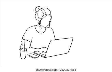 Woman working on laptop, continious line drawing. Freelancer, technologies, self-employed outline. 
Vector illustration