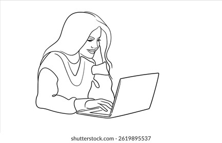 Woman working on laptop, continious line drawing. Freelancer, technologies, self-employed outline. Vector illustration