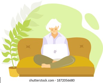 Woman working on laptop on couch at home in flat style on abstract background