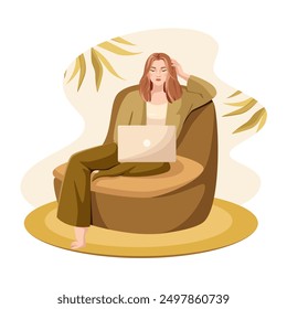 
A woman is working on a laptop. A creative person is sitting in an armchair at a computer in a cozy room. A remote workplace.