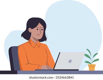 Mulher trabalhando em notebook na mesa: conceito de Freelancing e aprendizagem online, com foco no trabalho em escritórios remotos em uma ilustração de vetor plana e limpa