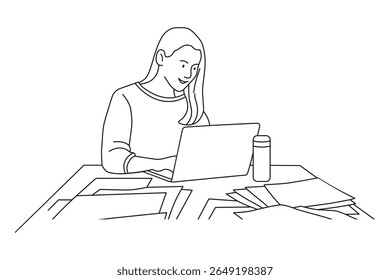 Woman working on laptop at desk with documents line art illustration