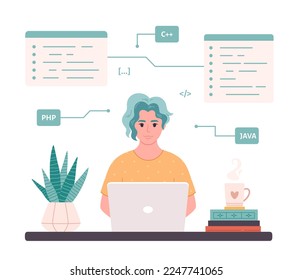 Woman working on laptop. Woman IT developer. Programming code. Freelance, remote working. Vector illustration in flat style