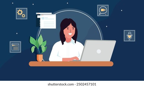 A woman working on a laptop with digital icons representing online tools, communication, and technology, set in a modern workspace.

