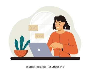 Woman working on laptop with email and message icons, flat graphic style on light background. Concept of remote work. Vector illustration