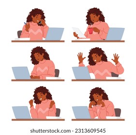 Woman Working On Laptop Expresses Range Of Emotions Such As Concentration, Frustration, Joy, Determination, Satisfaction As She Tackles Various Tasks And Projects. Cartoon People Vector Illustration