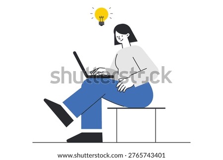 Woman working on laptop finding brilliant solution and innovation for business project.