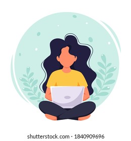 Woman working on laptop. Freelance, remote working, online studying, work from home concept. Vector illustration in flat style.