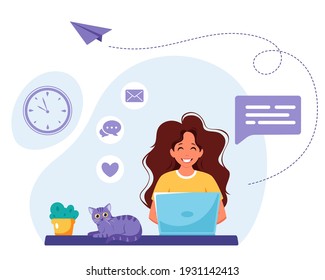 Mujer trabajando en laptop. Freelance, estudio en línea, concepto de trabajo remoto. Ilustración del vector