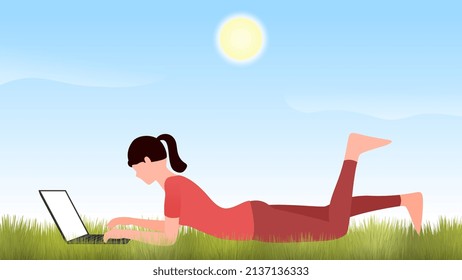 woman working on laptop on garden grass, work from home and flexible work hour character vector illustration.