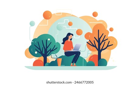 a woman working on laptop in the garden vector flat illustration