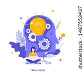 Woman working on laptop and giant head with glowing light bulb inside. Concept of new idea, novelty, creative solution, modern thinking and creativity. Vector illustration in flat style for poster.