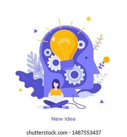 Woman working on laptop and giant head with glowing light bulb inside. Concept of new idea, novelty, creative solution, modern thinking and creativity. Vector illustration in flat style for poster.