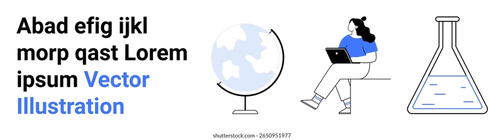 Woman working on a laptop, globe, and flask symbols. Ideal for education, science, research, technology, online learning, global studies, academic projects. Landing page