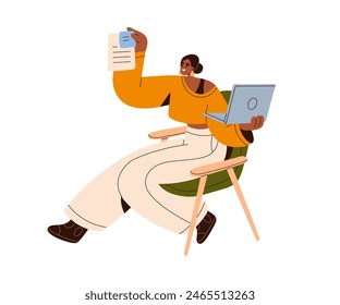 Woman working on laptop, holding paper document. Happy African-American female, creative freelancer sitting in chair, writing report, essay. Flat vector illustration isolated on white background