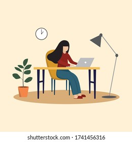 Woman working on laptop at home. Work for home, Freelance, studying, distance learning .Flat Vector Illustration.