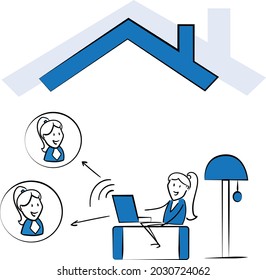 Woman working on laptop at home office concept. Teleconference and online business call Looking at Computer Screen and Talking with Colleagues.isolated vector illustration doodle art. Speech bubble
