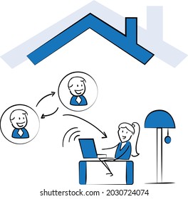 Woman working on laptop at home office concept. Teleconference and online business call Looking at Computer Screen and Talking with Colleagues.isolated vector illustration doodle art. Speech bubble
