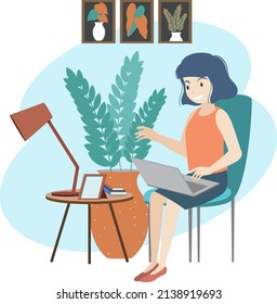 Woman working on laptop at home illustration