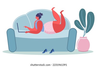 Woman working on laptop at home office vector illustration. Young girl lying on sofa couch chatting friends in social media, studying online or engaged in distance work