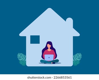 woman working on laptop at home. Working from home via online. vector illustration.