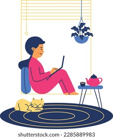 Woman working on laptop at home. Girl sitting on floor with cup of tea and cat. Flat style vector illustration.
