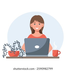 Woman working on laptop at home. Freelance, remote work, freelance concept. Flat style illustration.