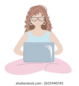 Woman working on laptop at home. Hand drawn illustration
