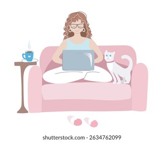 Mulher trabalhando em laptop em casa com seu gato. Ilustração desenhada à mão