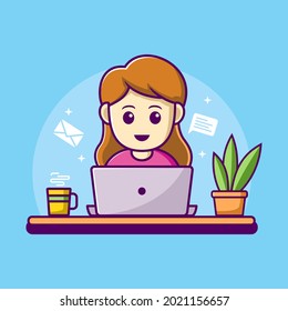 Woman working on laptop illustration. work from home cartoon character