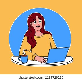woman working on a laptop, working on implementing new ideas at work, a cup of hot coffee