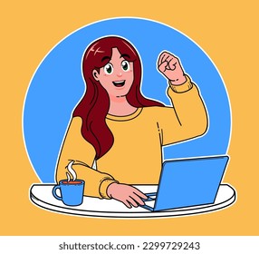 mujer trabajando en una laptop, trabajando en implementar nuevas ideas en el trabajo, una taza de café caliente
