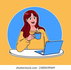 woman working on a laptop, working on implementing new ideas at work, a cup of hot coffee