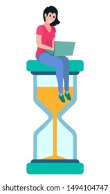 Woman Working On Laptop, Isolated Character Distant Worker. Character With Computer Sitting On Big Hour Glass Clock With Falling Sand. Time Is Money Concept. Vector Illustration In Flat Cartoon Style