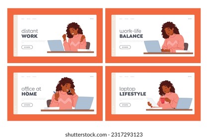 Woman Working On Laptop Landing Page Template. Girl Expresses Range Of Emotions Such As Concentration, Frustration, Joy, Determination, Satisfaction. Cartoon People Vector Illustration