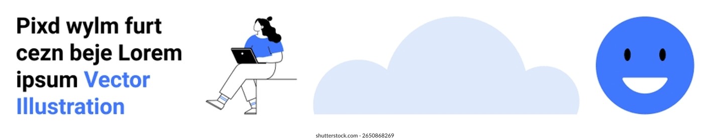 Woman working on a laptop, large cloud, and happy face. Ideal for remote work, cloud computing, technology, productivity, online learning, digital tools, communication. Landing page