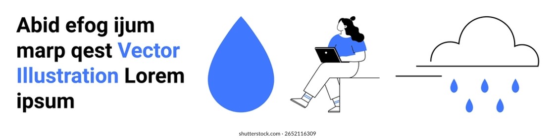 Woman working on laptop, large water drop, cloud with rain. Ideal for technology, environment, remote work, climate change, weather, sustainability, educational themes. Landing page