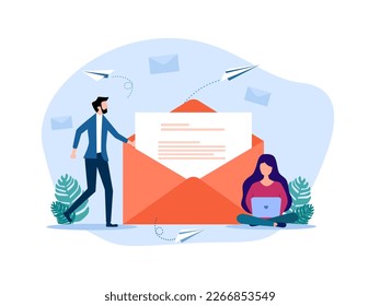 Woman working on laptop with letter. Sending letters or messages. The concept sends notifications. vector 