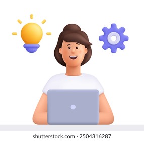 Mujer que trabaja en el ordenador portátil con la bombilla y la rueda dentada, engranaje. Creatividad, innovación, resolución de problemas, lluvia de ideas y concepto de idea de negocio. Personaje de personas de Vector 3D. Estilo minimalista de dibujos animados.