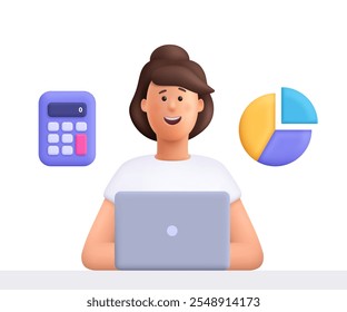 Mujer que trabaja en el ordenador portátil cerca de la calculadora y del gráfico del diagrama, haciendo la investigación financiera. Concepto de negocio, finanzas, contabilidad, impuestos y presupuesto. Personaje de personas de Vector 3D. Estilo minimalista de dibujos animados.