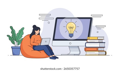 Woman working on laptop near computer and books inspiring innovation and learning