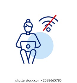 Woman working on laptop and no wi-fi symbol. Going offline, communication broken, internet outage. Pixel perfect, editable stroke vector icon