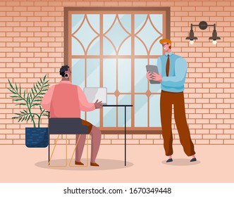 Woman working on laptop in office talking to boss or teamleaders. People in office at job. Man and woman colleagues sharing project ideas and developments. Manager or director vector in flat style