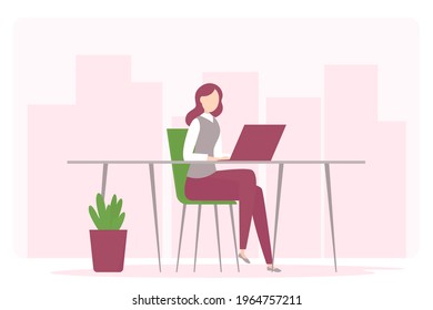 Woman working on laptop in office. Vector illustration. 