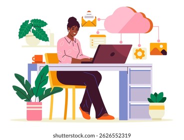 Woman working on laptop at office desk, surrounded by cloud computing icons, documents and plants, in flat style on white background. Concept of cloud storage. Vector illustration