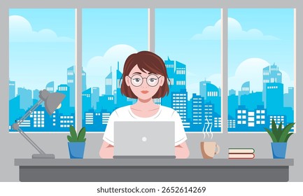 Woman working on laptop in office. Vector illustration in flat style.