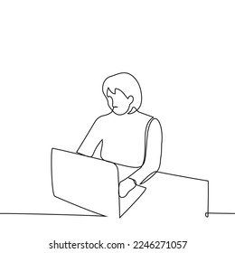 woman working on laptop - one line drawing vector. concept freelancer